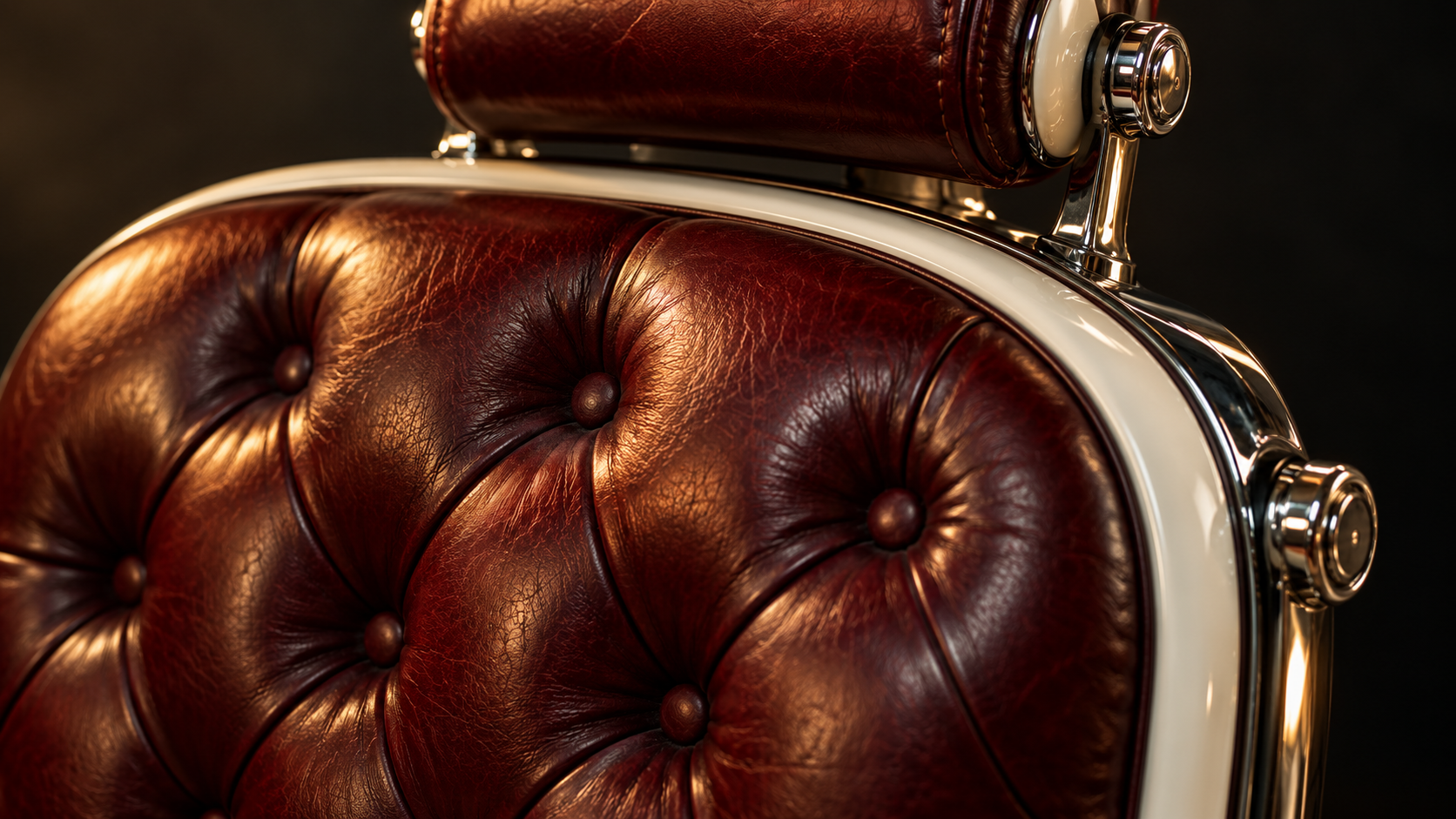Illustrative close-up of a vintage barbershop chair in oxblood leather and chrome