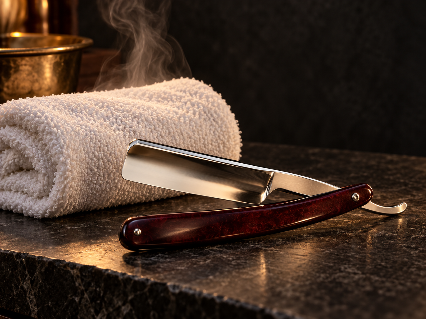 Illustrative still life of a folded hot towel and chrome razor